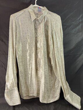 Vintage May Sun Custom Disco Shirt Silver Sparkly Mens Button Down Collared